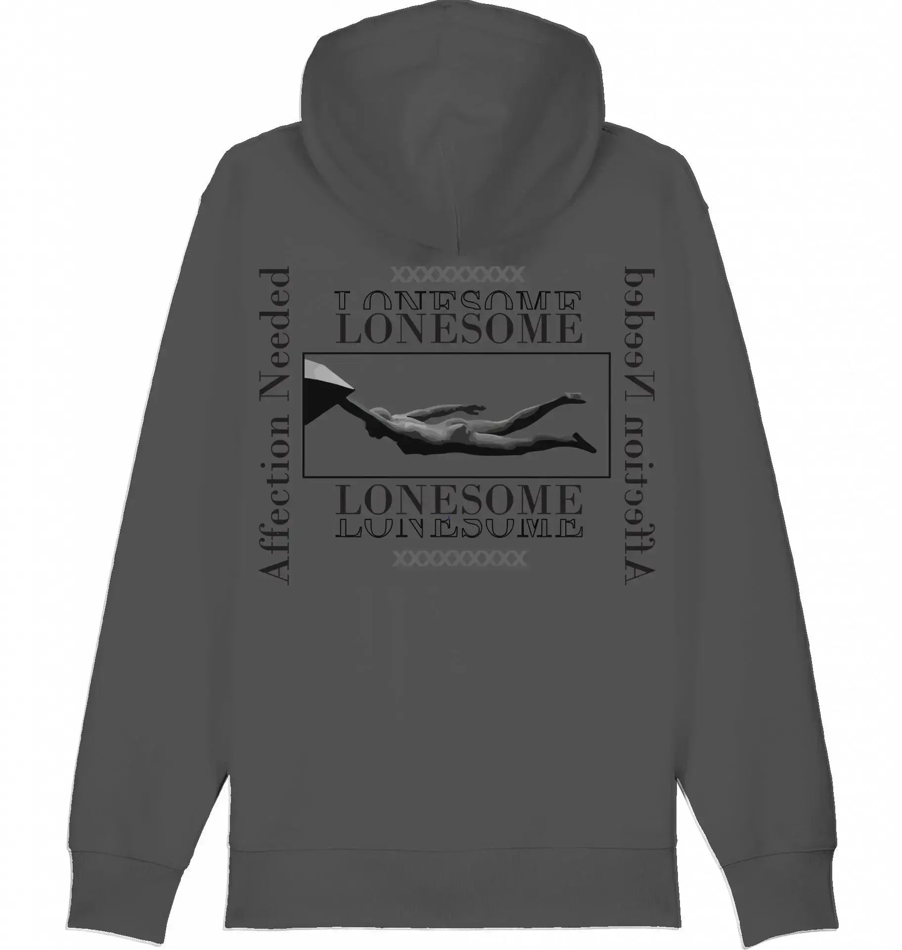 Donkergrijze streetwear hoodie met grafische print van liggend figuur en teksten 'Lonesome', 'Affection Needed'.