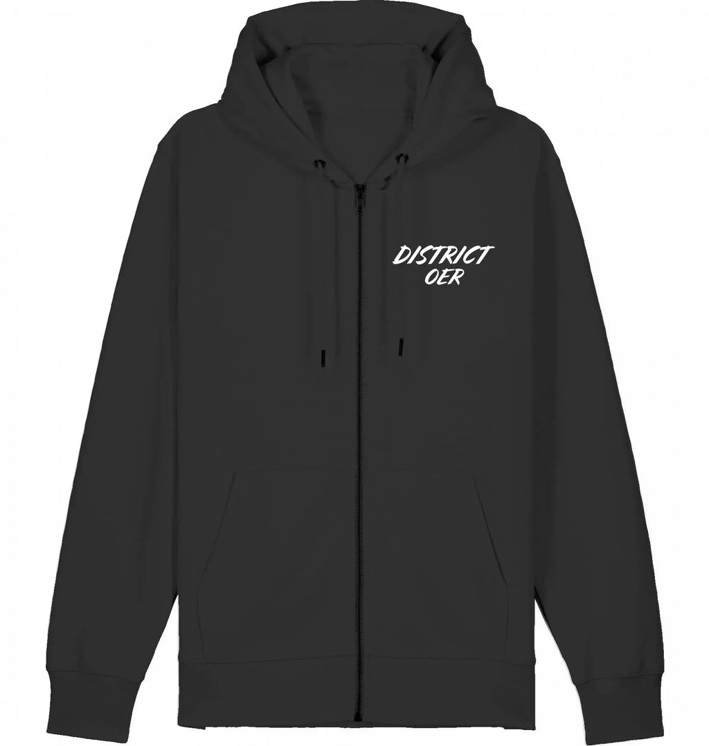 Zwarte zip-hoodie met witte opdruk DISTRICT OER, streetwear urban stijl, moderne pasvorm