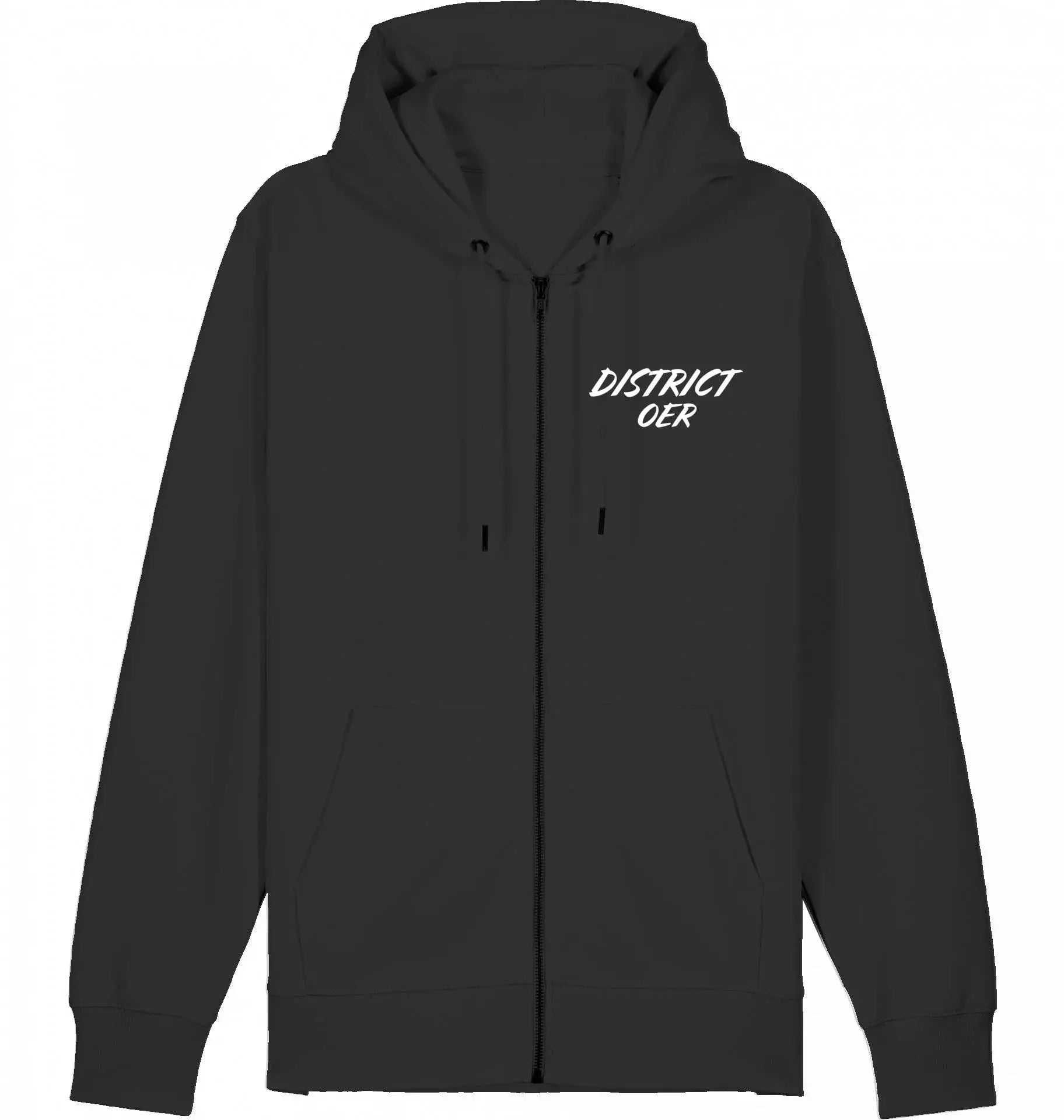 Zwarte zip-hoodie met witte opdruk DISTRICT OER, streetwear urban stijl, moderne pasvorm
