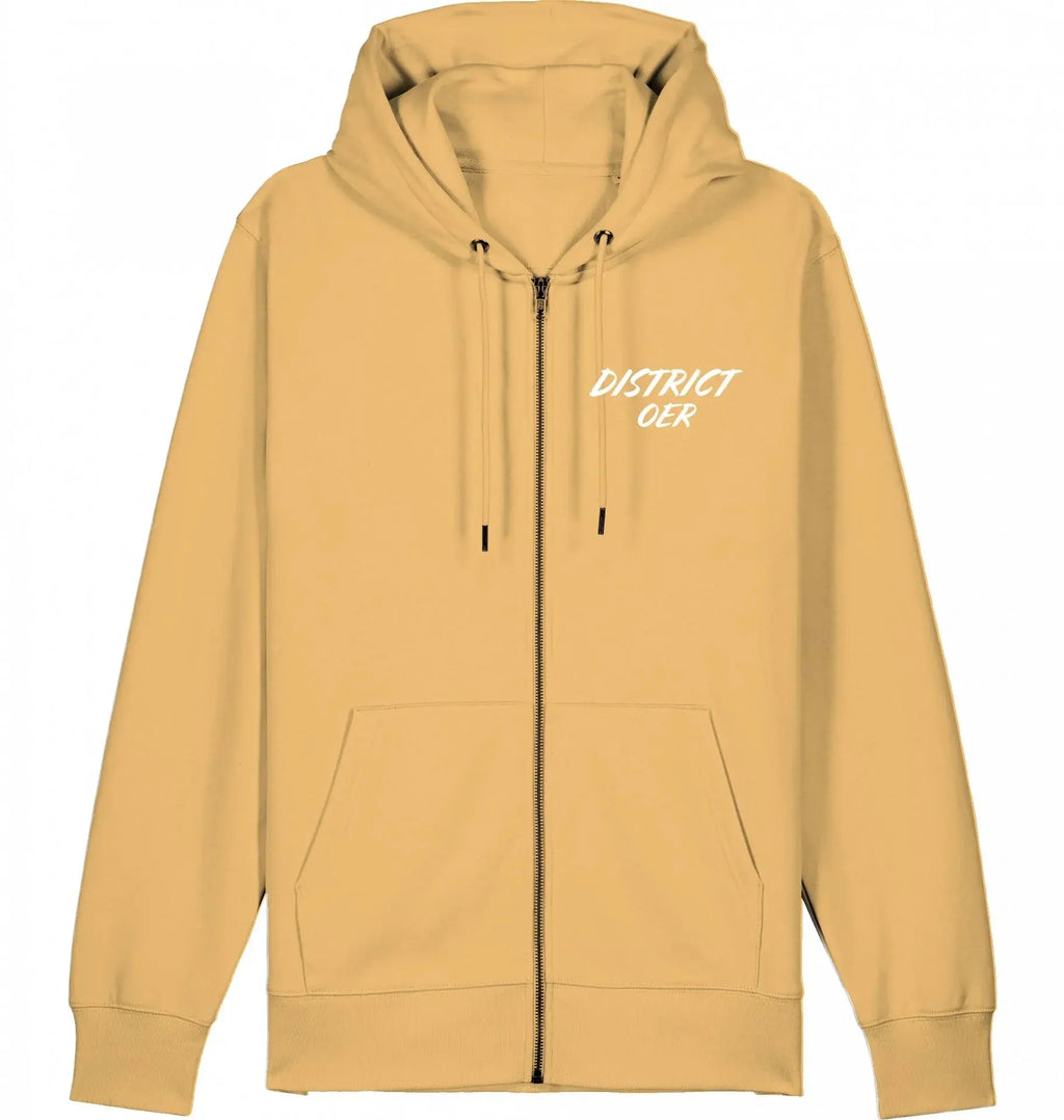 Beige streetwear zip-hoodie met capuchon en witte "District OER" opdruk, urban style