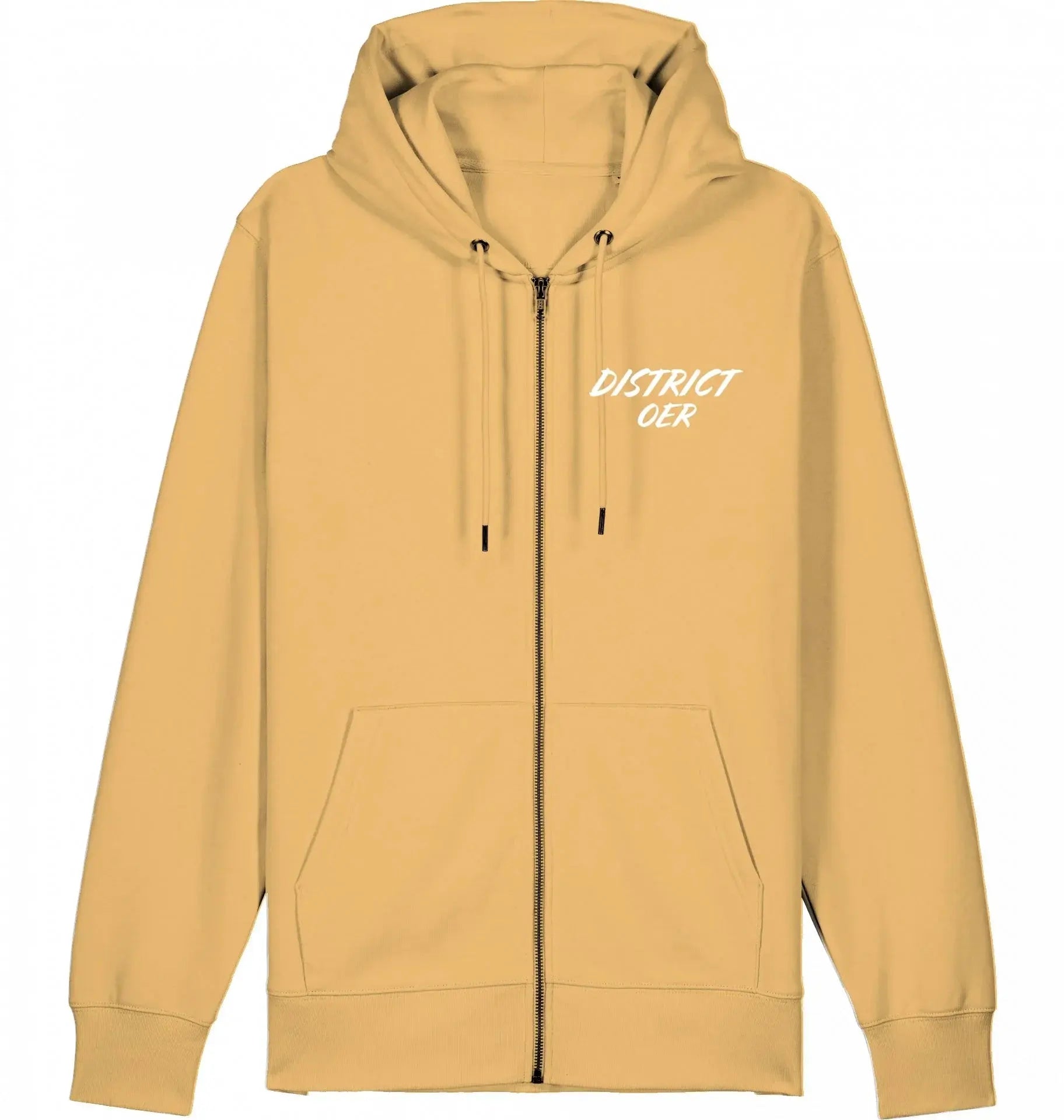 Beige streetwear zip-hoodie met capuchon en witte "District OER" opdruk, urban style