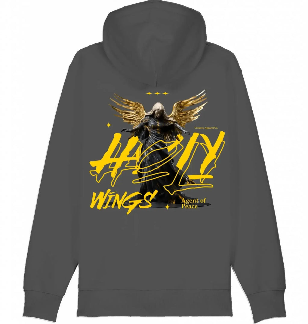 Donkere hoodie met gouden engelvleugels, streetwear ontwerp en gele grafische tekst.
