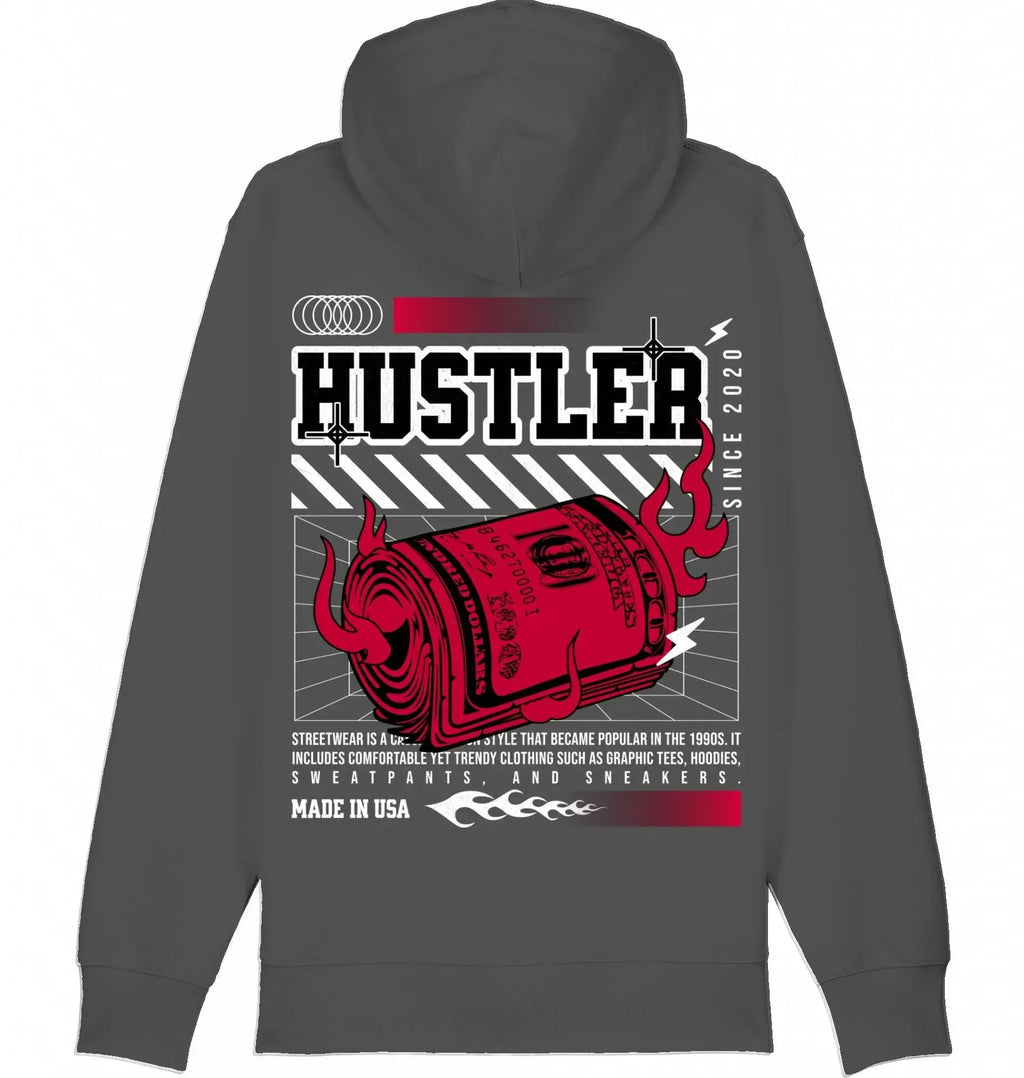 Zwarte streetwear hoodie met grote grafische print, rode brandende dollarrol en 'Hustler' tekst.