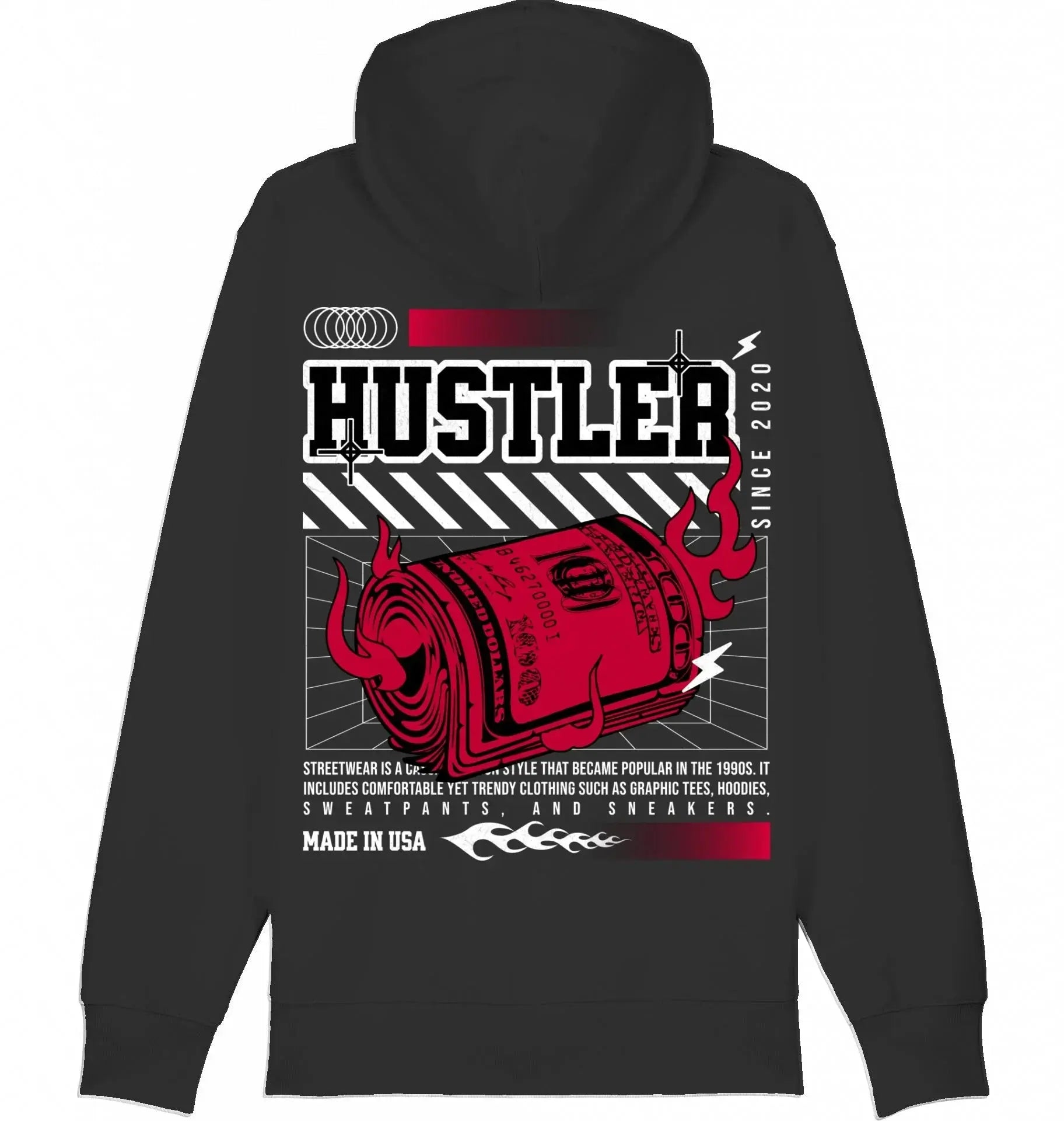 Zwarte streetwear hoodie met opvallende grafische print, rode geldrol, vlammen en HUSTLER-tekst.