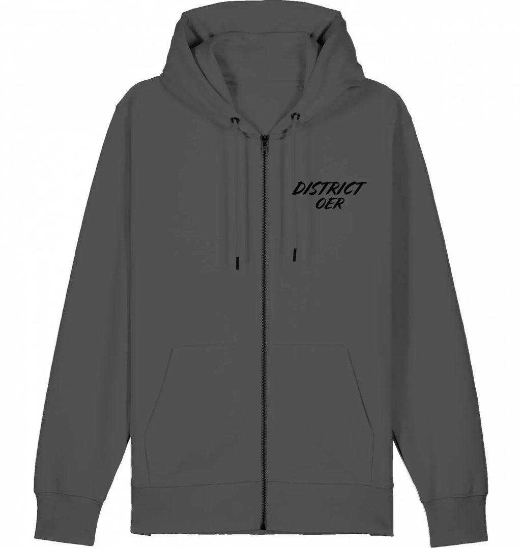 Donkergrijze zip-hoodie met capuchon, zakken en opdruk 'District OER', streetwear urban style.