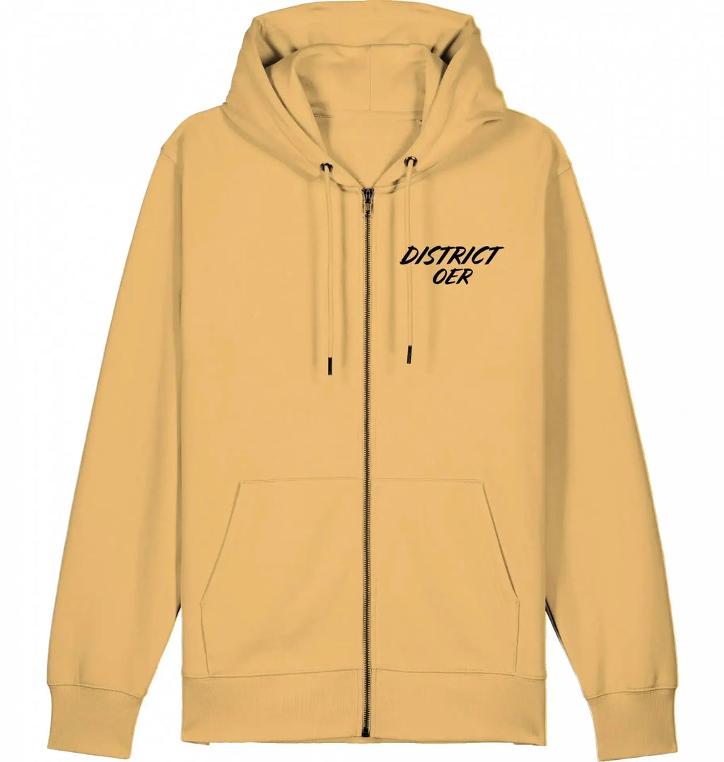 Beige zip-hoodie met capuchon, opdruk District OER, streetwear, moderne urban stijl