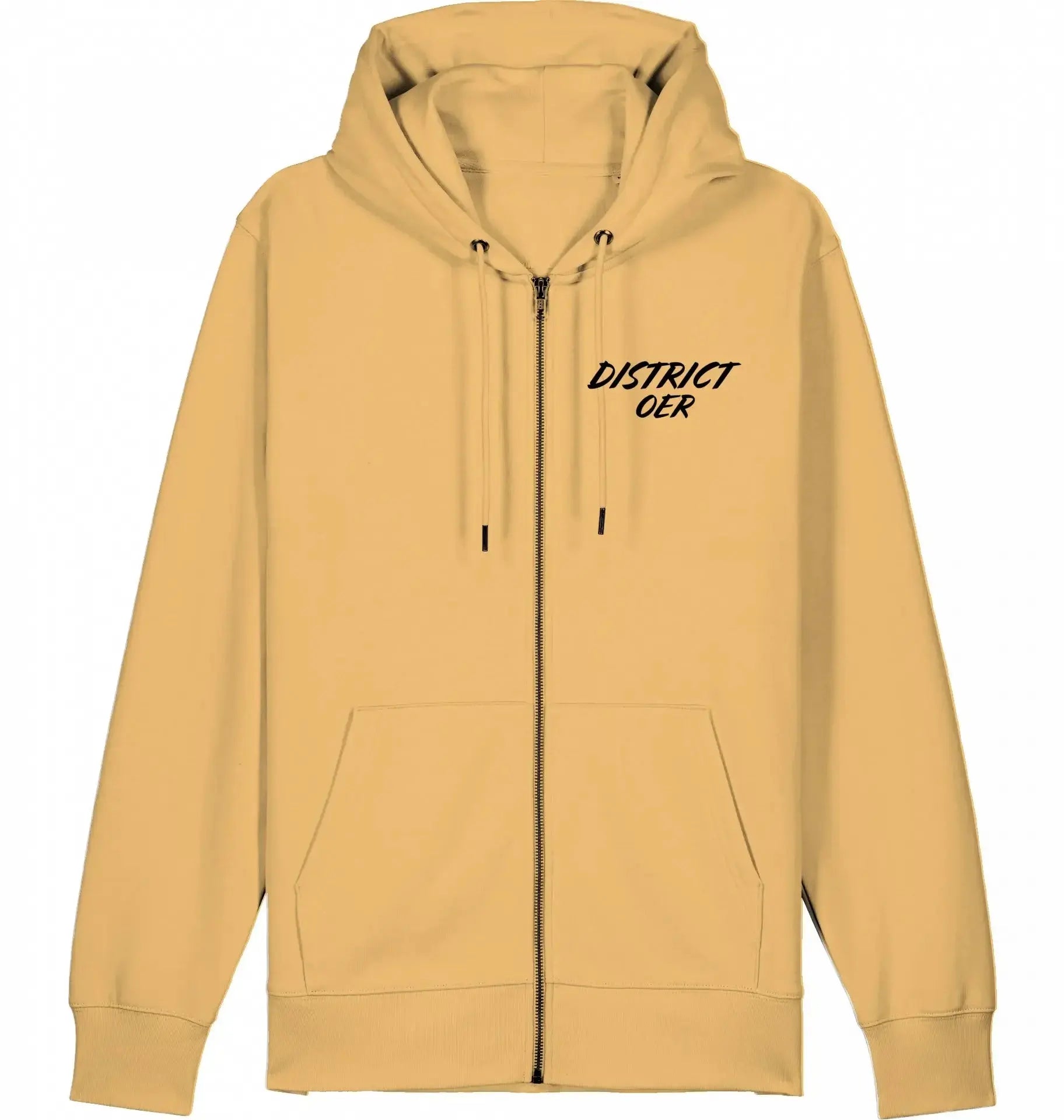 Beige zip-hoodie met capuchon, opdruk District OER, streetwear, moderne urban stijl