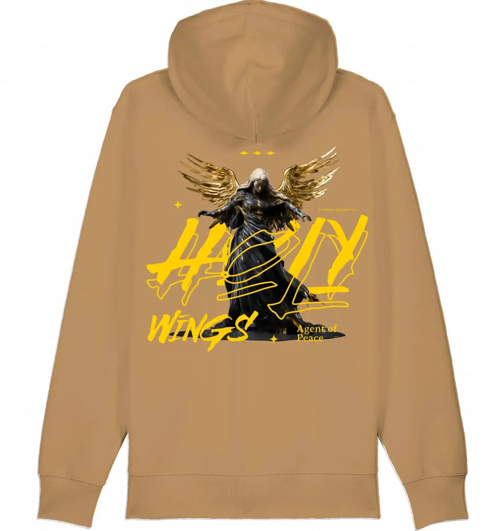 Beige streetwear hoodie met engel graphic, gouden vleugels en urban text design op de rug