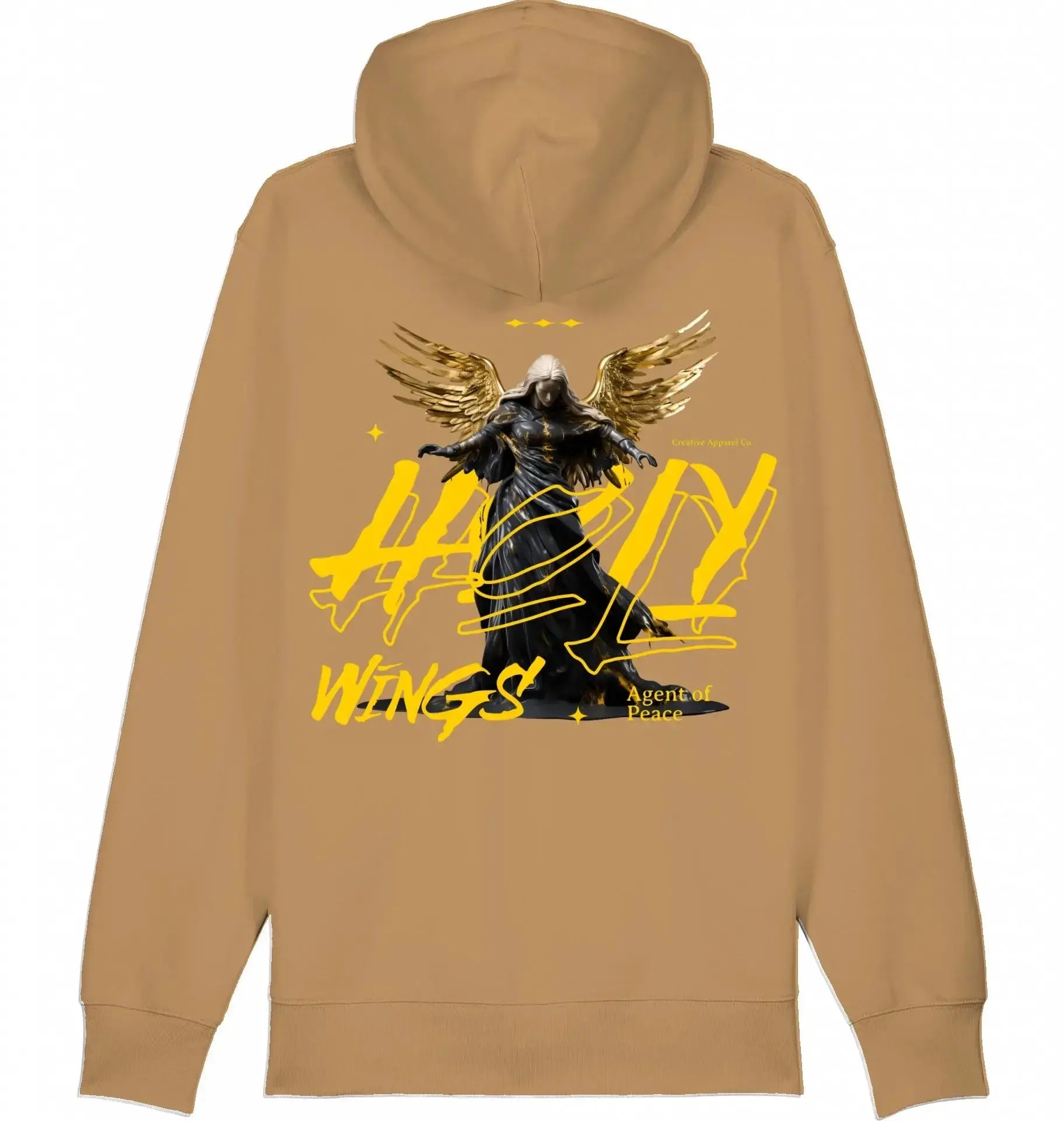 Beige streetwear hoodie met engel graphic, gouden vleugels en urban text design op de rug