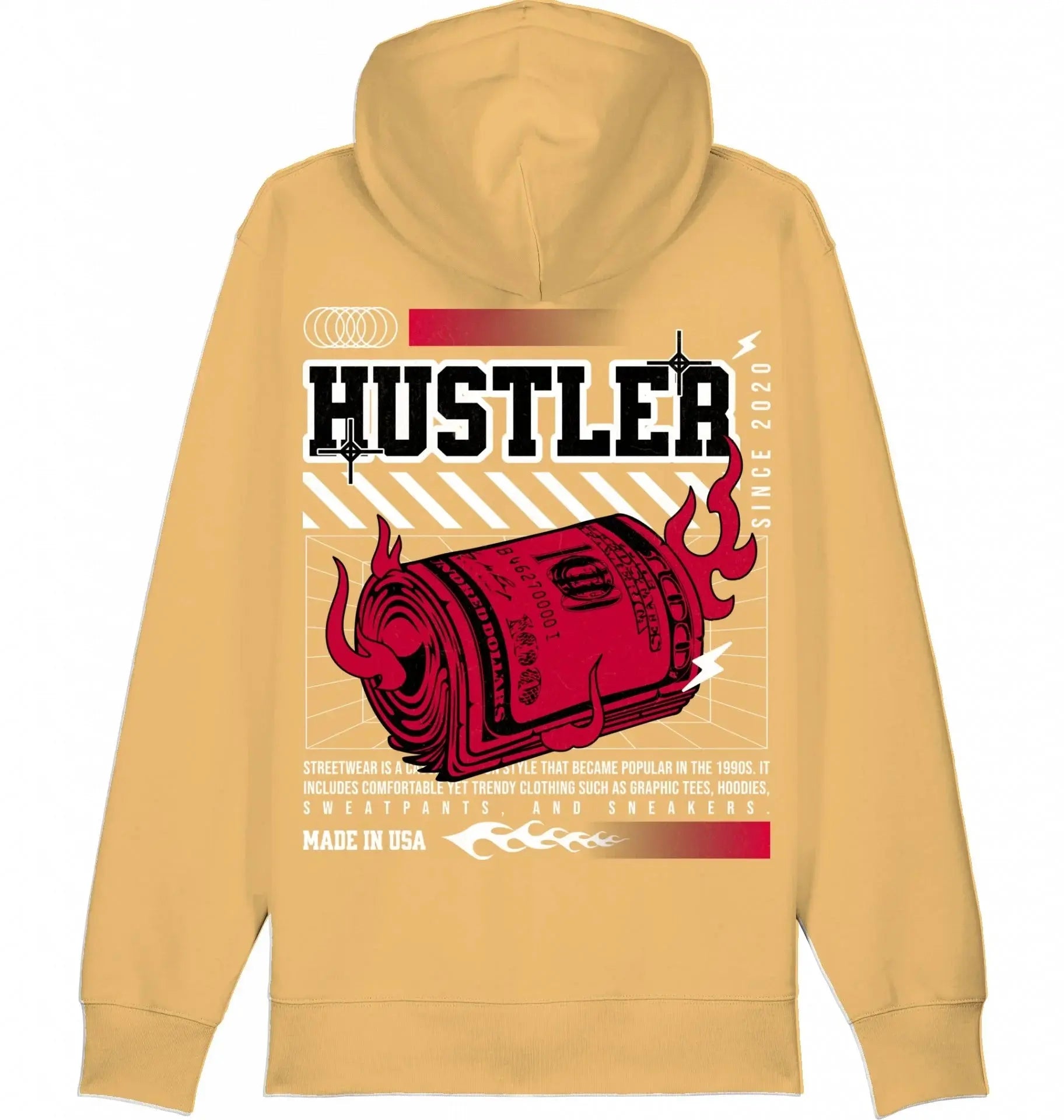 Beige streetwear hoodie met opvallende Hustler print, brandende dollar grafische details achterzijde.