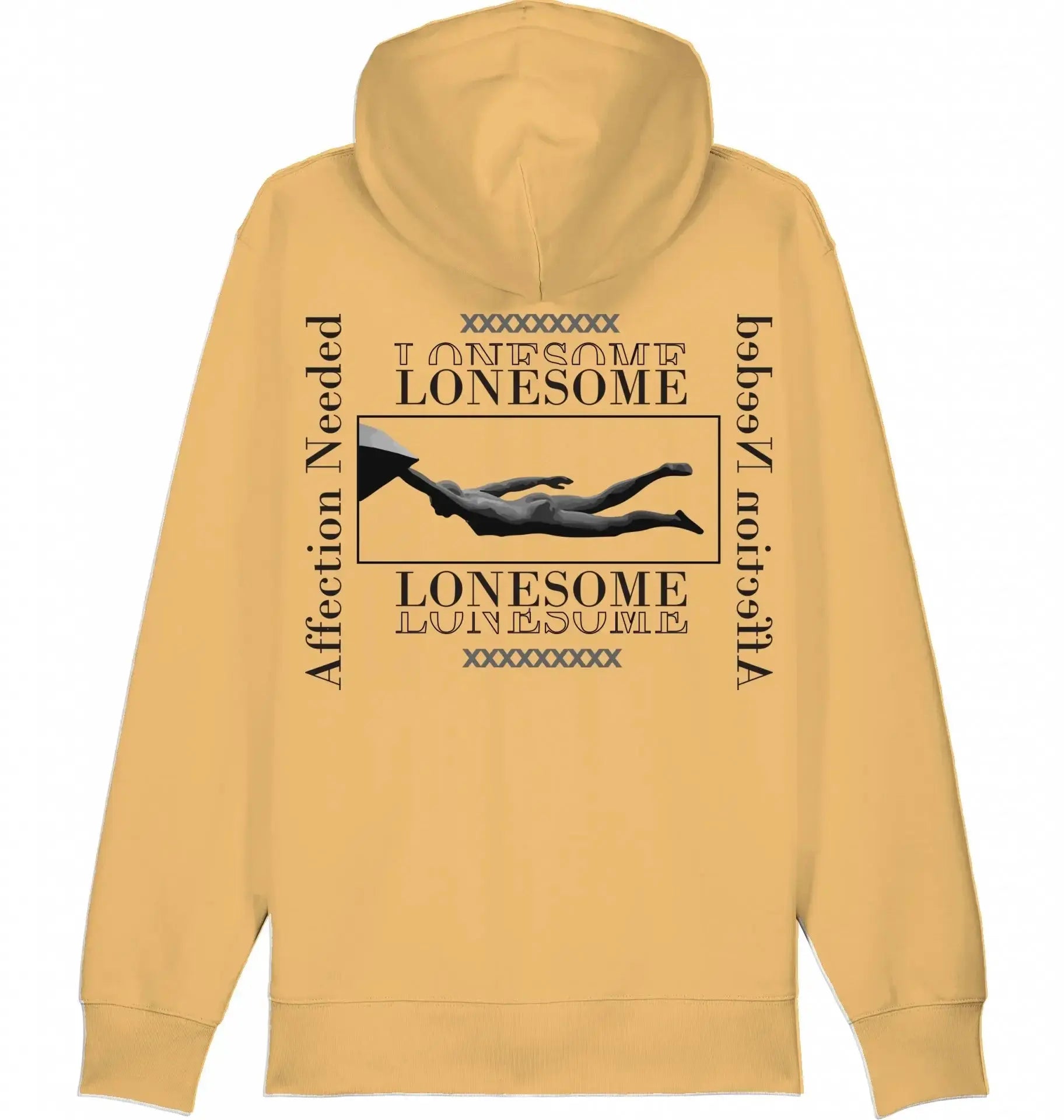 Beige streetwear hoodie met abstracte zwarte figuur, tekst 'LONESOME' en 'Affection Needed' op de rug.