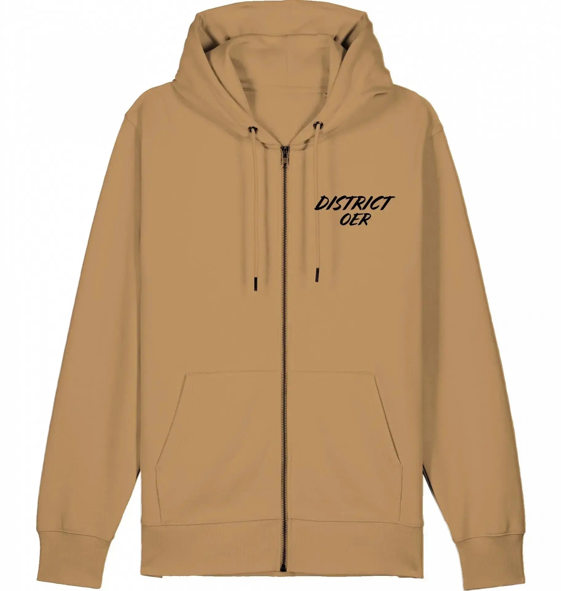 Beige zip-hoodie met capuchon, streetwear stijl, zwarte DISTRICT OER opdruk, unisex urban fashion.