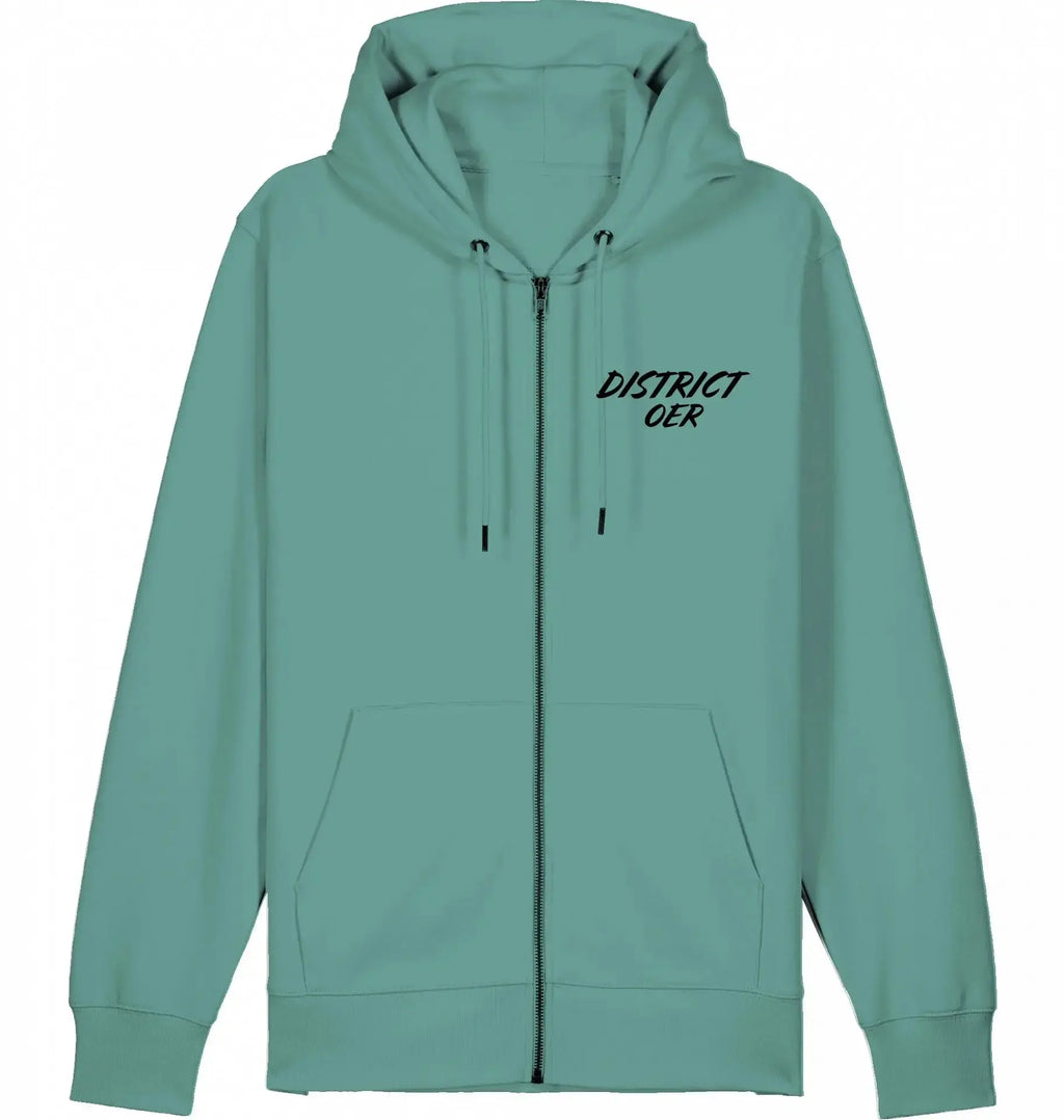 Mintgroene streetwear zip-hoodie met capuchon, opdruk 'DISTRICT OER', unisex urban stijl