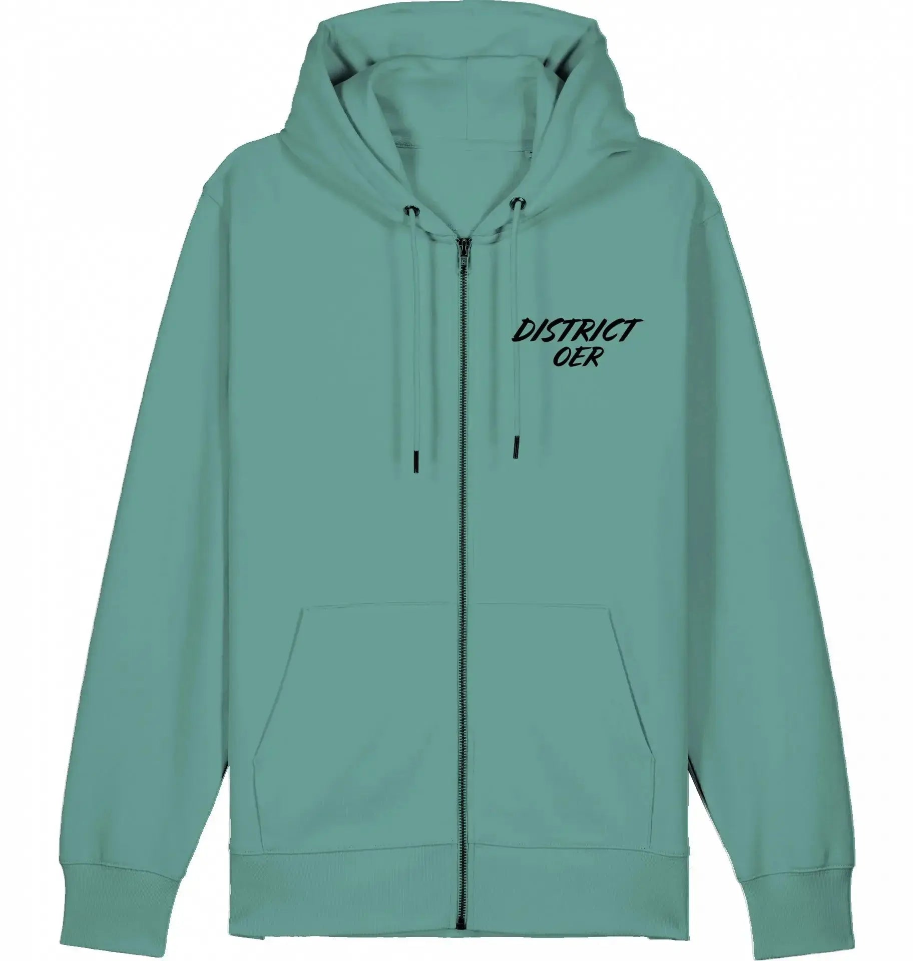 Mintgroene streetwear zip-hoodie met capuchon, opdruk 'DISTRICT OER', unisex urban stijl