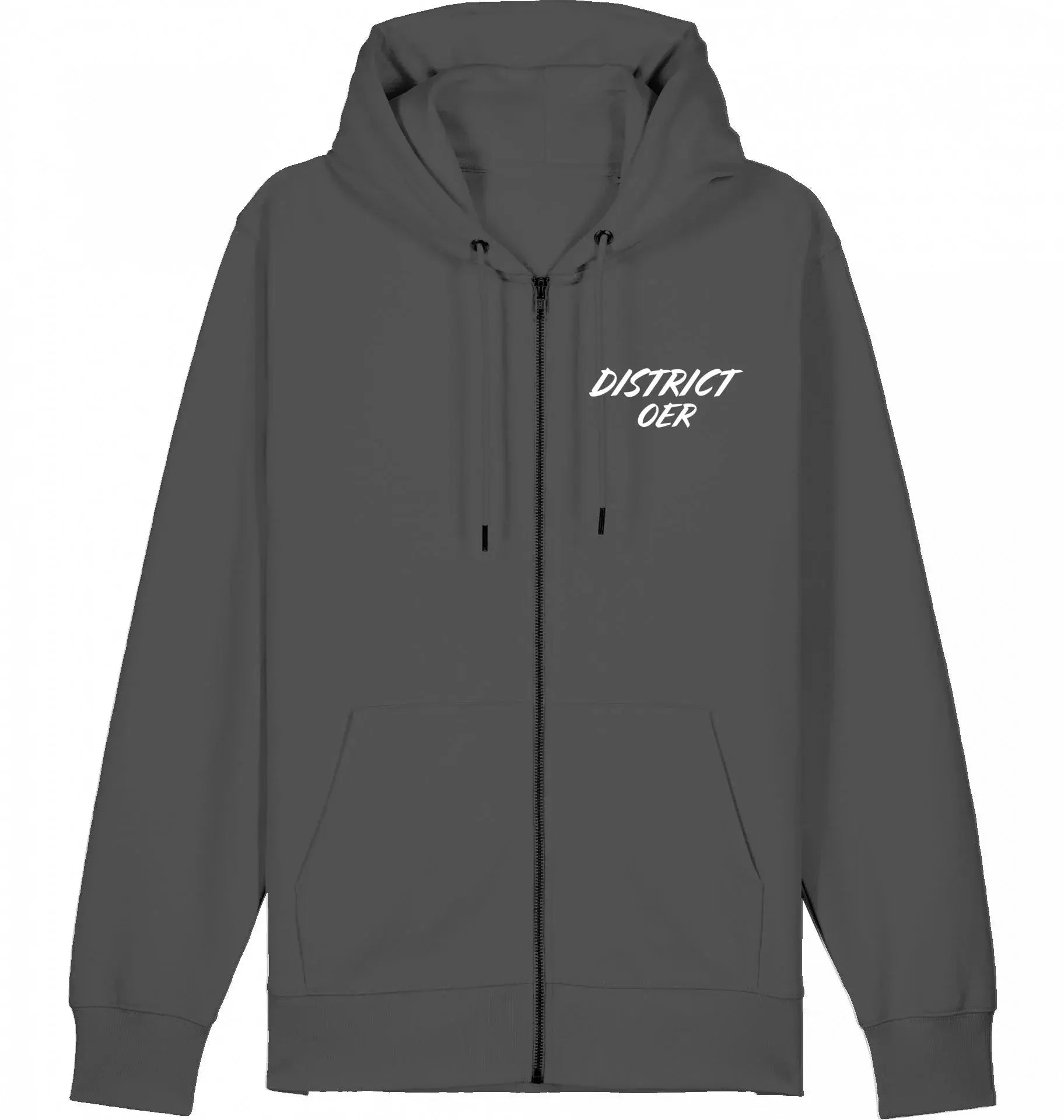 Donkergrijze zip-hoodie met capuchon en witte 'District OER' opdruk, streetwear stijl