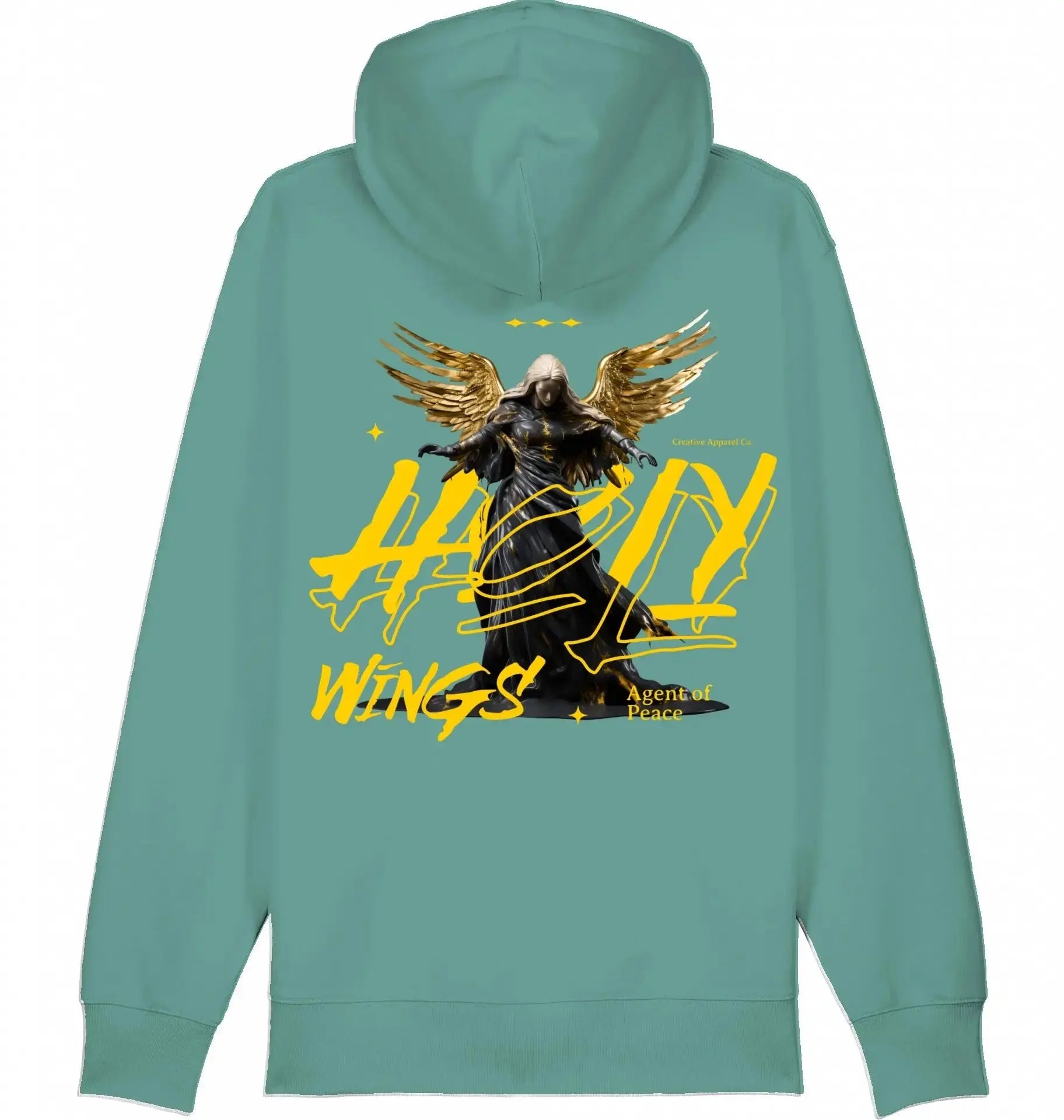 Groene hoodie met gouden engel design, grote gele tekst en urban streetwear stijl.