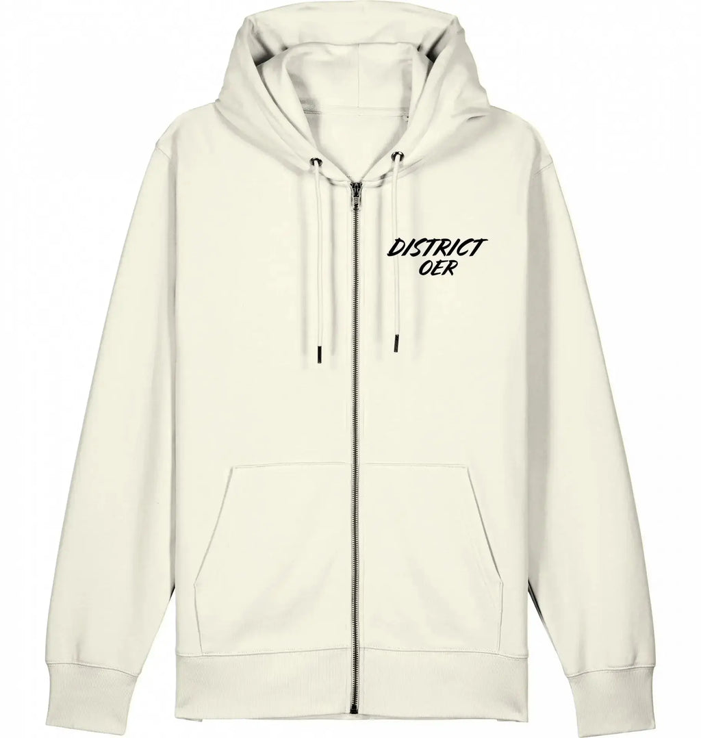 Witte zip-hoodie met opdruk 'DISTRICT OER', streetwear stijl, capuchon en buidelzakken