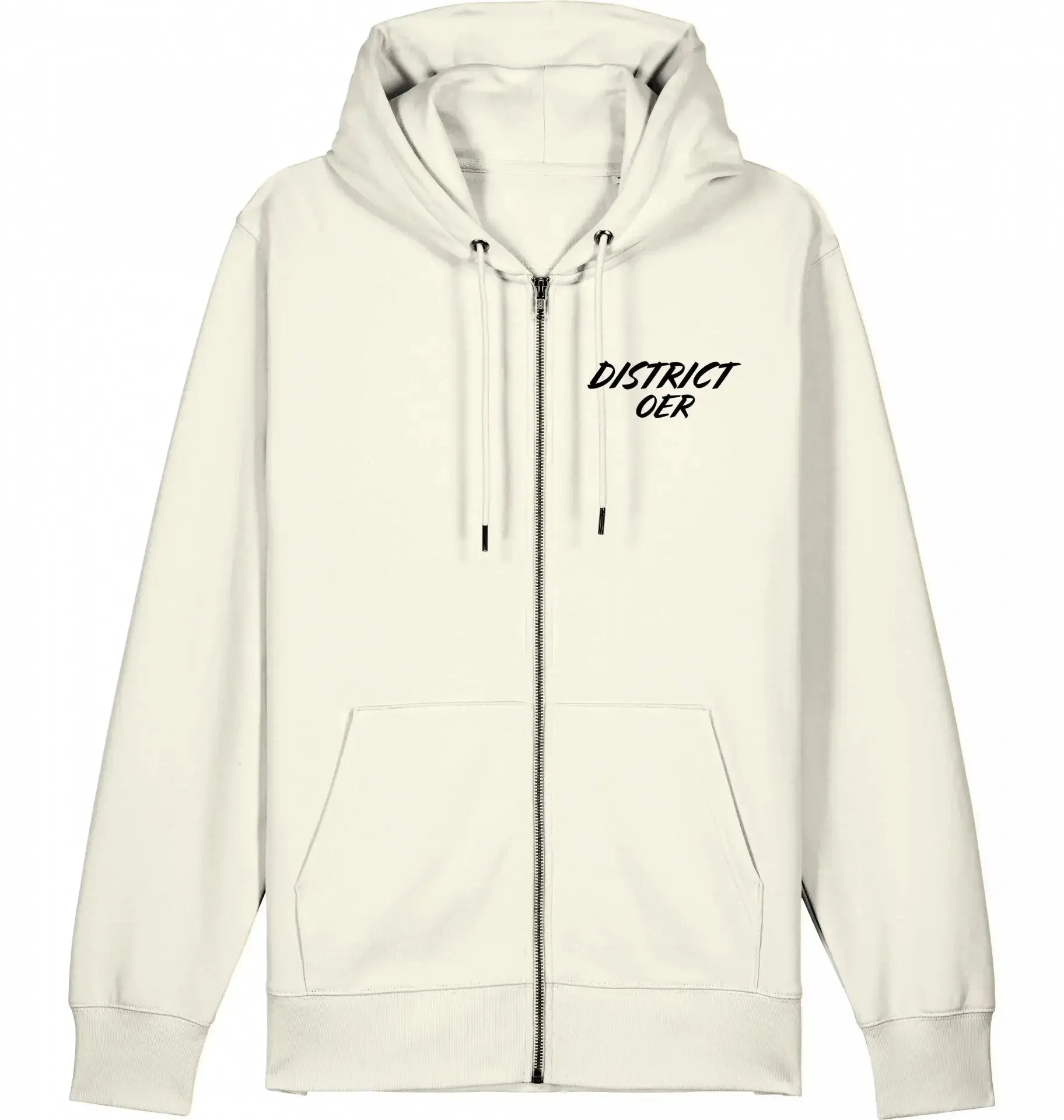 Witte zip-hoodie met opdruk 'DISTRICT OER', streetwear stijl, capuchon en buidelzakken