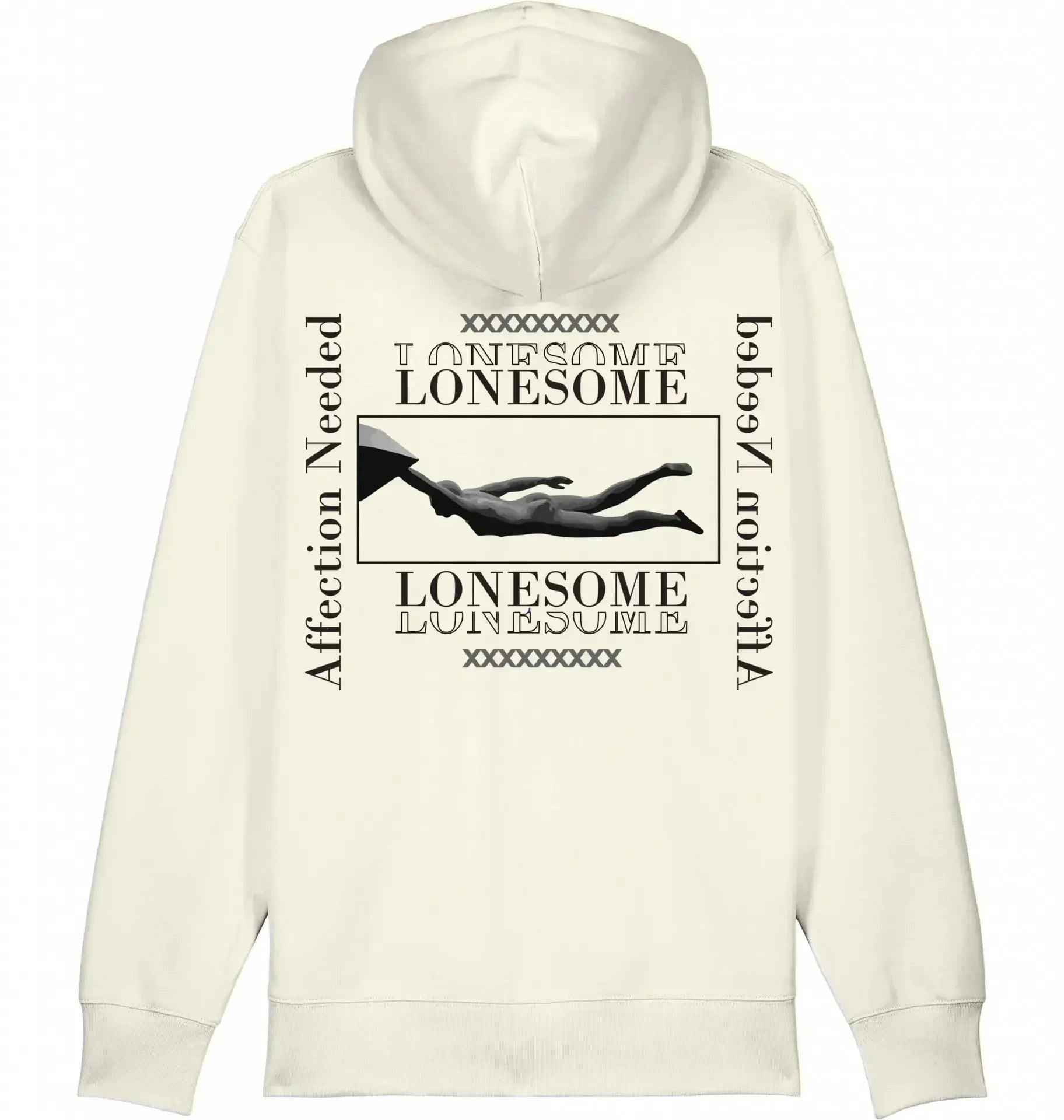 Crèmekleurige streetwear hoodie met groot zwart wit kunstwerk, tekst 'Lonesome' en 'Affection Needed', moderne urban stijl.